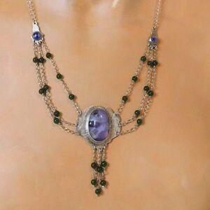 Purple Opal Set in Textured Sterling Silver and Jade Beading
